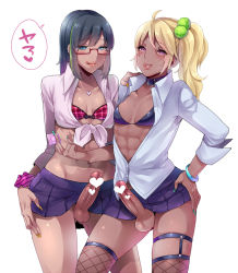  2boys :q abs ahoge androgynous asymmetrical_hair bad_id bad_pixiv_id black_hair blonde_hair blush bra bracelet breasts censored choker collar condom crossdressing earrings erection fingernails fishnets foreskin ganguro glasses gyaruo hair_ornament hand_on_another&#039;s_shoulder hand_on_own_hip heart heart_censor jewelry licking_lips lips long_fingernails looking_at_viewer male_focus miniskirt mogiki_hayami multicolored_hair multiple_boys nail_polish naughty_face navel navel_piercing necklace no_panties open_clothes open_shirt original parted_lips penis phimosis piercing pink_eyes puffy_chest red-framed_eyewear scrunchie shirt side_ponytail simple_background skirt small_breasts smirk standing tan testicles tongue tongue_out translated trap two-tone_hair underwear white_background  rating:Explicit score:230 user:danbooru