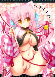 1girl animal_ears bdsm belt blush bondage bottomless bound breasts brown_eyes cat_ears cat_tail collar fat_mons grin hair_ornament hair_ribbon highres large_breasts leash long_hair looking_at_viewer maebari navel no_bra no_panties open_clothes open_shirt original pink_hair pink_thighhighs pussy ribbon shia_flatpaddy shirt sitting slave smile solo spread_legs striped_clothes striped_thighhighs syroh tail thighhighs uncensored underboob white_thighhighs yellow_eyes