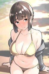  arm_support beach bikini black_hair blush breasts brown_eyes cleavage closed_mouth collarbone commentary_request day furaggu_(frag_0416) gold_bikini grey_jacket hair_ornament hairclip highres jacket jewelry kantai_collection large_breasts looking_at_viewer myoukou_(kancolle) navel ocean outdoors ring shadow short_hair side-tie_bikini_bottom swimsuit 