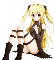 10s 1girl bad_id bad_pixiv_id black_dress blonde_hair brown_eyes cleavage_cutout clothing_cutout detached_sleeves dress hand_over_heart kaieee konjiki_no_yami long_hair looking_at_viewer simple_background sitting solo star_cutout thigh_strap to_love-ru to_love-ru_darkness two_side_up white_background rating:Sensitive score:7 user:danbooru