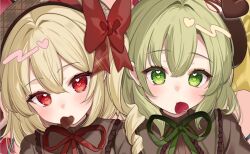  2girls alternate_costume black_shirt blonde_hair blush bow candy chocolate chocolate_heart close-up closed_mouth colored_eyelashes commentary curly_hair eyelashes eyes_visible_through_hair flandre_scarlet food food_in_mouth frilled_shirt_collar frills green_eyes green_hair hair_between_eyes hair_bow hair_intakes heart heart-shaped_pupils huge_bow komeiji_koishi looking_at_viewer lovestruck medium_hair multiple_girls neck_ribbon paragasu_(parags112) red_bow red_eyes ribbon shirt side-by-side side_ponytail symbol-only_commentary symbol-shaped_pupils touhou trait_connection tsurime 
