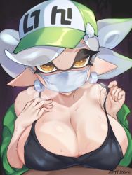 1boy 1girl alternate_breast_size artist_name bad_id bad_twitter_id bare_shoulders baseball_cap black_shirt blush breasts cleavage collarbone covered_mouth dark-skinned_male dark_skin hat heavy_breathing implied_paizuri inkling inkling_player_character jtveemo large_breasts marie_(splatoon) mask mouth_mask nintendo no_bra paizuri pointy_ears pov shirt silver_hair splatoon_(series) splatoon_1 sweat tank_top tentacle_hair thick_eyebrows yellow_eyes rating:Questionable score:188 user:JustHere4Butts