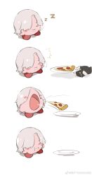  1boy absurdres blush closed_eyes colored_skin crossover dante_(devil_may_cry) devil_may_cry_(series) devil_may_cry_5 eating facial_hair food highres holding holding_food holding_pizza kirby kirby_(series) male_focus nintendo no_humans open_mouth pink_skin pizza pizza_slice simple_background sleeping sleepy smile solo weibo_7054093389 white_background white_hair zzz 
