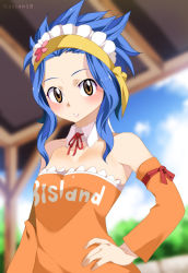  1girl blue_hair blush breasts brown_eyes dress fairy_tail female_focus gaston18 hand_on_own_hip highres levy_mcgarden looking_at_viewer parted_lips short_hair small_breasts solo standing  rating:Sensitive score:40 user:funkygamer