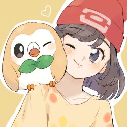  1girl ;) black_eyes black_hair closed_mouth creatures_(company) facing_viewer game_freak gen_7_pokemon hat heart highres hiryoou looking_at_another nintendo on_shoulder one_eye_closed pokemon pokemon_(creature) pokemon_on_shoulder pokemon_sm red_hat rowlet selene_(pokemon) shirt short_hair smile upper_body 