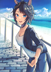  1girl absurdres ahoge animal_ears asymmetrical_hair backlighting beach black_hair black_jacket blue_eyes breasts casual cleavage commentary day ear_ornament fingernails fuji_kiseki_(umamusume) grey_hair highres horizon horse_ears horse_girl horse_tail jacket jewelry leaning_forward looking_at_viewer medium_breasts multicolored_hair ocean open_clothes open_jacket open_mouth outdoors pants parted_bangs railing sand shirt short_hair smile solo tail tatamatsu taut_clothes taut_shirt two-tone_hair umamusume water white_shirt 