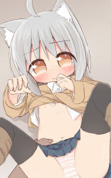 1boy 1girl ahoge animal_ears ayanepuna black_thighhighs blue_skirt blush boots borrowed_character brown_background brown_cardigan brown_eyes brown_footwear cameltoe cardigan closed_mouth clothes_lift commentary_request dog_ears fingernails flat_chest hair_between_eyes hetero highres knee_boots loli long_sleeves looking_at_viewer lying male_hand navel nipples on_back original panties pleated_skirt shirt shirt_lift silver_hair simple_background skirt striped_clothes striped_panties thighhighs underwear wavy_mouth white_shirt rating:Questionable score:11 user:danbooru
