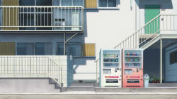 air_conditioner balcony building commentary_request day door drink fence flower_pot highres isbeyvan no_humans original outdoors scenery shadow stairs trash_can vending_machine window rating:General score:2 user:danbooru