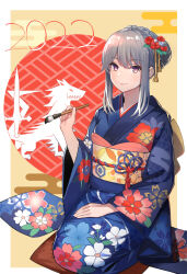  1girl 2022 alternate_costume alternate_hairstyle blue_kimono braid chinese_zodiac commentary crown_braid final_fantasy final_fantasy_brave_exvius floral_print floral_print_kimono flower furisode glaciela_wezette grey_hair hair_flower hair_ornament happy_new_year highres hirono_(hxze4434) holding japanese_clothes kimono light_blush long_hair long_sleeves looking_at_viewer new_year obi red_eyes sash seiza sidelocks sitting solo war_of_the_visions:_final_fantasy_brave_exvius wide_sleeves year_of_the_tiger 