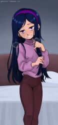  1girl absurdres bed blue_eyes blue_hair blush breath brown_pants dark_blue_hair empty_eyes evil_grin evil_smile excited eyebrows eyelashes feet_out_of_frame female_focus gnsisir grabbing_own_hair grin heavy_breathing highres indoors laughing loli long_hair long_sleeves looking_at_viewer naughty_face pants pink_sweater purple_eyes smile solo standing sweater teeth the_incredibles turtleneck violet_parr yandere  rating:Sensitive score:170 user:Only_Kemonomimi