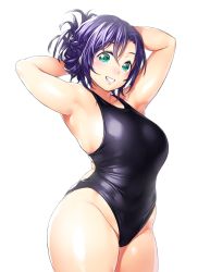  10s 1girl armpits arms_behind_head arms_up blush breasts competition_swimsuit cowboy_shot curvy green_eyes grin highres large_breasts long_hair looking_at_viewer love_live! love_live!_school_idol_project one-piece_swimsuit one_eye_closed onsoku_inu plump purple_hair simple_background smile solo swimsuit thick_thighs thighs tojo_nozomi wide_hips  rating:Sensitive score:86 user:danbooru
