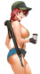  1girl a1_(initial-g) ass assault_rifle bikini bikini_top_only black_gloves blue_eyes blue_shorts blush braid breasts commentary cup cutoffs denim denim_shorts emma_verde female_pubic_hair fingerless_gloves freckles from_side gloves green_headwear gun hat holding holding_cup large_breasts looking_at_viewer love_live! love_live!_nijigasaki_high_school_idol_club low_twin_braids open_mouth pubic_hair pubic_hair_peek red_hair rifle short_shorts shorts sig_sauer sig_sg550 simple_background strap_gap swimsuit teeth thighs twin_braids underbutt upper_teeth_only weapon white_background 