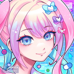  1girl blonde_hair blue_eyes blue_hair bow chouzetsusaikawa_tenshi-chan closed_mouth commentary cursor emoji eyeshadow hair_bow highres long_hair looking_at_viewer makeup multicolored_hair needy_girl_overdose pill pink_eyeshadow pink_hair portrait sign signature smile solo symbol-only_commentary warning_sign xenvita 