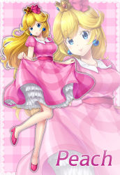  1girl alternate_costume blonde_hair blue_eyes blush breasts character_name crown dress earrings english_text highres jewelry large_breasts legs long_hair looking_at_viewer mario_(series) nintendo princess princess_peach smile solo super_mario_bros._1 text_focus yuino_(fancy_party)  rating:Sensitive score:10 user:Hark2