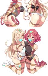 2girls absurdres angry bagelbomb ball_gag bdsm blonde_hair blush bondage bound bound_together breasts competition_swimsuit crotch_rope dual_persona gag gem hair_ornament headpiece high_heels highres huge_filesize jewelry long_hair multiple_girls multiple_persona mythra_(radiant_beach)_(xenoblade) mythra_(xenoblade) nintendo one-piece_swimsuit pyra_(pro_swimmer)_(xenoblade) pyra_(xenoblade) red_hair shibari shibari_over_clothes strapless strapless_one-piece_swimsuit swept_bangs swimsuit tiara xenoblade_chronicles_(series) xenoblade_chronicles_2 rating:Questionable score:137 user:danbooru