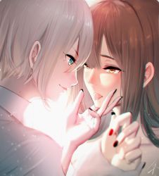 2girls after_kiss anastasia_(idolmaster) black_nails blue_eyes blurry brown_hair collarbone collared_shirt couple depth_of_field eye_contact face-to-face female_focus grabbing_another&#039;s_chin hair_between_eyes half-closed_eyes hand_on_another&#039;s_chin hayabusa_(vert_320) highres holding_another&#039;s_wrist holding_hands idolmaster idolmaster_cinderella_girls kiss kiss_day long_hair looking_at_another mole mole_under_eye mole_under_mouth multicolored_nails multiple_girls nail_polish nitta_minami open_mouth portrait red_nails saliva saliva_trail seductive_smile shirt short_hair sidelocks silver_hair smile tears tongue tongue_out upper_body yellow_eyes yuri rating:Sensitive score:21 user:danbooru