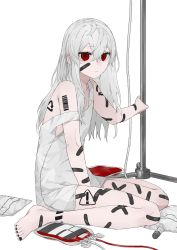 ! 1girl absurdres ahoge albino arrow_(symbol) bags_under_eyes bandaid bandaid_on_arm bandaid_on_cheek bandaid_on_face bandaid_on_foot bandaid_on_knee bandaid_on_leg barcode barcode_tattoo barefoot black_nails blank_stare blood blood_bag closed_mouth collarbone commentary_request crossed_bandaids dress empty_eyes expressionless eyes_visible_through_hair from_side full_body hair_between_eyes highres intravenous_drip long_hair looking_at_viewer looking_to_the_side messy_hair nail_polish original pale_skin rairyuu recycling_symbol red_eyes short_dress sign simple_background sitting solo strap_slip tattoo toenail_polish toenails too_many too_many_bandaids tsurime wariza warning_sign white_background white_dress white_hair rating:Sensitive score:6 user:danbooru