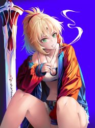  1girl bad_id bad_pixiv_id between_legs blonde_hair blue_background blue_jacket blue_shorts breasts cigarette clarent_(fate) cleavage commentary crop_top cutoffs fate/apocrypha fate_(series) fingernails gradient_background green_eyes hair_between_eyes hand_between_legs high_ponytail highres huyou_(awegk) jacket long_hair long_sleeves medium_breasts mordred_(fate) mordred_(fate/apocrypha) mordred_(memories_at_trifas)_(fate) mouth_hold navel off_shoulder open_clothes open_jacket parted_lips ponytail purple_background short_shorts shorts sitting sleeves_past_wrists smoke smoking solo sword weapon  rating:Sensitive score:16 user:danbooru