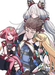  1boy 3girls :3 aged_down back_cutout blonde_hair brown_hair clothing_cutout facial_hair goatee head_rest highres husband_and_wives juneplums lifting_person loli long_hair low_twintails multiple_girls mythra_(xenoblade) nia_(blade)_(xenoblade) nia_(xenoblade) pyra_(xenoblade) red_hair rex_(xenoblade) scar scar_across_eye sitting_on_shoulder smile time_paradox twintails very_long_hair xenoblade_chronicles_(series) xenoblade_chronicles_2 xenoblade_chronicles_3 xenoblade_chronicles_3:_future_redeemed 