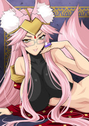  1girl animal_ear_fluff animal_ears breasts fate/grand_order fate_(series) fox_tail glasses huge_breasts indian_clothes indian_style jewelry koyanskaya_(fate) looking_at_viewer lying midriff pink_hair sitting smile solo tail tamamo_(fate) yellow_eyes yukiyanagi  rating:Questionable score:12 user:Gaashaa