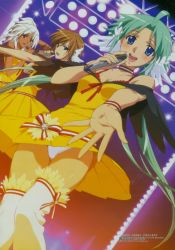  00s 3girls absurdres ahoge aqua_hair bare_shoulders blue_eyes brown_hair choker concert dress erica_campbell green_hair grey_eyes head_wings highres idol lemon_angel_project megami_magazine microphone minaguchi_tomo multiple_girls music official_art open_mouth outstretched_hand panties pantyshot purple_eyes singing smile stage stage_lights suwa_miki thighhighs underwear upskirt watanabe_yukari white_hair wings  rating:Questionable score:2 user:korinn