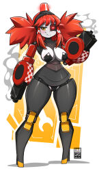  1girl android bayeuxman breasts fangs full_body highres joints large_breasts mecha_musume medium_breasts mimi-sentry paid_reward_available red_hair robot_joints skirt smoke solo standing team_fortress_2 twintails  rating:Sensitive score:36 user:danbooru