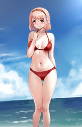  1girl alternate_costume bikini blue_sky braid breasts cloud collarbone fire_emblem fire_emblem_engage gluteal_fold hair_ribbon hairband highres lapis_(fire_emblem) large_breasts navel nintendo ocean outdoors pink_hair red_bikini red_eyes red_hairband ribbon short_hair side_braid sky solo standing swept_bangs swimsuit y.ssanoha 