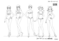  5girls absurdres bikini bikini_skirt bishoujo_senshi_sailor_moon bishoujo_senshi_sailor_moon_crystal bow breasts character_sheet cleavage dated earrings full_body hair_bow hair_ornament hand_on_own_hip highres jewelry long_hair looking_at_viewer monochrome multiple_girls navel official_art one-piece_swimsuit sandals scan short_hair side-tie_bikini_bottom size_comparison size_difference solo swimsuit toei_animation translation_request very_long_hair wide_hips 