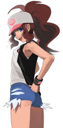  1girl :d absurdres arm_behind_back black_vest black_wristband blue_eyes blue_shorts brown_hair clip_studio_paint_(medium) commentary_request creatures_(company) eudetenis exposed_pocket game_freak happy high_ponytail highres hilda_(pokemon) looking_down nintendo open_clothes open_mouth open_vest poke_ball_print pokemon pokemon_bw shirt short_shorts shorts sidelocks simple_background sleeveless sleeveless_shirt smile solo teeth thighs upper_teeth_only vest white_background white_shirt 