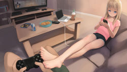 1girl barefoot blonde_hair blouse blue_eyes cable cellphone computer controller couch dark_souls_(series) feet foot_focus foreshortening highres kuroshiro00 laptop long_hair looking_at_viewer phone pink_shirt shirt short_shorts shorts smartphone t-shirt table television toes  rating:Sensitive score:735 user:ssfl