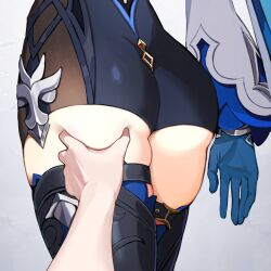 1girl ass ass_focus black_shorts black_thighhighs blue_gloves close-up commentary_request cowboy_shot eula_(genshin_impact) genshin_impact gloves grey_background head_out_of_frame highres long_sleeves lower_body meme pov_cheek_grabbing_(meme) shibuki_kamone short_shorts shorts skindentation solo standing thick_thighs thighhighs thighs  rating:Questionable score:21 user:danbooru