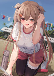  2boys 3girls absurdres asymmetrical_legwear black_pantyhose black_thighhighs blush breasts brown_eyes commentary_request day flags_of_all_nations gym_shirt gym_shorts gym_uniform hair_between_eyes hair_flaps hair_ornament hairclip heterochromia highres indian_flag japanese_flag kantai_collection kokenashi large_breasts light_brown_hair long_hair manchukuo_flag multiple_boys multiple_girls murasame_(kancolle) murasame_kai_ni_(kancolle) open_mouth outdoors pantyhose red_eyes red_shorts revision shigure_(kancolle) shirt shoes short_sleeves shorts single_leg_pantyhose single_thighhigh smile sneakers solo_focus string_of_flags thai_flag thighhighs twintails uneven_legwear white_footwear white_shirt yuudachi_(kancolle) 