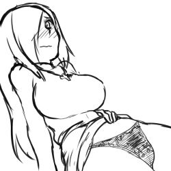 1girl bad_id bad_pixiv_id black_panties blush breasts cameltoe clothes_lift cross cross_necklace embarrassed female_pubic_hair frown greyscale hair_over_one_eye huge_breasts inverted_cross jewelry leaning_back long_hair monochrome necklace no_pants panties parasoul_(skullgirls) pubic_hair simple_background sitting skullgirls solo sweater sweater_lift tsukudani_(coke-buta) underwear very_long_hair white_background rating:Questionable score:27 user:BlueBaroness