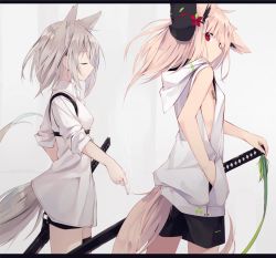  2girls animal_ears barcode barcode_tattoo black_shorts cigarette closed_eyes collar expressionless fox_ears fox_mask fox_tail gradient_background grey_hair hand_in_pocket holding holding_sword holding_weapon jacket katana looking_at_viewer mask multiple_girls nagishiro_mito original pink_hair pink_tail profile red_eyes sheath sheathed short_hair short_sleeves shorts simple_background smile sword tail tattoo weapon  rating:Sensitive score:3 user:VoidIntruder