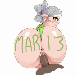 +_+ 1boy 1girl absurdres anus ass bare_shoulders blush body_writing clothing_aside dark-skinned_male dark_skin dated domino_mask earrings erection from_behind green_leotard grey_hair half-closed_eyes hetero highres huge_ass jewelry leotard leotard_aside looking_back marie_(splatoon) mask mole mole_under_eye nintendo nose_blush open_mouth orange_eyes penis pointy_ears pussy shiny_skin short_hair simple_background solo_focus splatoon_(series) splatoon_1 tanuk_kun tentacle_hair tentacle_sex tentacles uncensored vaginal white_background rating:Explicit score:16 user:AngryZapdos
