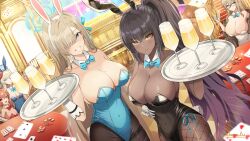  5girls absurdres akane_(blue_archive) akane_(bunny)_(blue_archive) alcohol animal_ears aqua_bow aqua_bowtie aqua_eyes aqua_leotard aqua_ribbon asuna_(blue_archive) asuna_(bunny)_(blue_archive) bare_shoulders black_leotard black_pantyhose blonde_hair blue_archive blue_halo blue_leotard blush bow bowtie breasts card champagne cleavage covered_navel detached_collar fake_animal_ears fake_tail fishnet_pantyhose fishnets gloves hair_ornament hair_over_one_eye hair_ribbon hairband halo hand_on_own_hip highleg highleg_leotard highres holding holding_tray indoors karin_(blue_archive) karin_(bunny)_(blue_archive) large_breasts leotard long_hair looking_at_viewer mole mole_on_breast multiple_girls namakisama neru_(blue_archive) neru_(bunny)_(blue_archive) official_alternate_costume one_eye_covered orange_hair pantyhose parted_lips playboy_bunny playing_card poker_chip ponytail purple_halo rabbit_ears rabbit_tail red_bow red_bowtie red_eyes red_leotard ribbon smile tail toki_(blue_archive) toki_(bunny)_(blue_archive) tray white_gloves white_hairband white_leotard yellow_eyes 