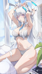  1girl absurdres animal_ears armpits arms_up artist_name bare_shoulders blue_archive blue_necktie bra breasts chinese_commentary cleavage commentary_request day detached_collar grey_hair halo hanghan highres indoors long_hair looking_at_viewer mechanical_halo medium_breasts mouth_hold navel necktie noa_(blue_archive) panties ponytail purple_eyes rabbit_ears ribbon ribbon_in_mouth sidelocks solo underwear very_long_hair white_bra white_panties wrist_cuffs 