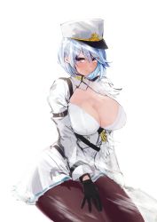  1girl azur_lane black_gloves blue_hair blush breasts chapayev_(azur_lane) cleavage closed_mouth coat_dress curvy fur gloves hat jacket large_breasts looking_at_viewer military military_hat military_uniform miniskirt mole mole_on_breast pantyhose pleated_skirt purple_eyes ruuto_(sorufu) short_hair sitting skirt solo thick_thighs thighs uniform white_jacket white_skirt 