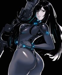  1girl artist_name ass black_background black_bodysuit black_hair bodysuit breasts closed_mouth commentary gantz gantz_suit grey_eyes hand_on_own_hip highleg highleg_leotard highres holding holding_weapon leotard lips long_hair long_sleeves looking_at_viewer looking_back medium_breasts miss_faves shimohira_reika shiny_clothes signature skin_tight weapon  rating:Sensitive score:32 user:danbooru