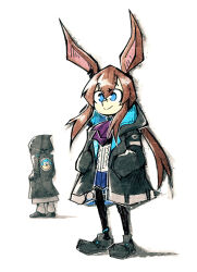  1girl 1other amiya_(arknights) animal_ears arknights black_jacket blue_eyes brown_hair doctor_(arknights) from_behind hair_between_eyes highres hood hooded_jacket horns jacket long_hair long_sleeves open_clothes open_jacket ponytail rabbit_ears rabbit_girl setz shirt simple_background skirt sonic_(series) sonic_the_hedgehog white_background white_shirt 