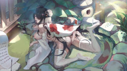  1girl ahegao ass azur_lane bestiality black_hair breasts calligraphy calligraphy_brush censored china_dress chinese_clothes chinese_commentary dark-skinned_female dark_skin detached_sleeves double_bun dress fish from_above full_body green_eyes hair_bun hair_over_one_eye highres large_breasts long_hair lying mixed-language_commentary mosaic_censoring nipples northampton_(azur_lane) northampton_ii_(azur_lane) northampton_ii_(comfy_crane_amidst_the_clouds)_(azur_lane) official_alternate_costume on_stomach outdoors paintbrush qisu see-through_thighhighs solo thighhighs tongue tongue_out vaginal water white_dress white_sleeves white_thighhighs  rating:Explicit score:25 user:danbooru