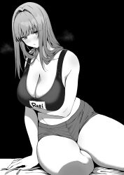  1girl amano_don bare_shoulders breasts cleavage collarbone goddess_of_victory:_nikke greyscale highres large_breasts long_hair looking_at_viewer monochrome rapi_(nikke) shorts sitting solo sports_bra thighs  rating:Sensitive score:20 user:danbooru