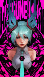  1girl absurdres aqua_eyes aqua_hair aqua_necktie artist_name black_background blending character_name commentary detached_sleeves english_commentary eyelashes floating_hair hair_between_eyes hatsune_miku headset highres lips long_hair looking_at_viewer makeup mascara monori_rogue necktie nose pink_background solo speaker twintails upper_body very_long_hair vocaloid  rating:Sensitive score:11 user:danbooru