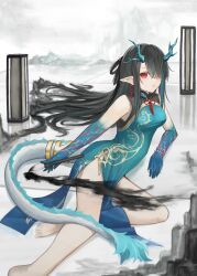  1girl absurdres arknights black_hair china_dress chinese_clothes dragon_girl dragon_horns dragon_tail dress dusk_(arknights) dusk_(everything_is_a_miracle)_(arknights) earrings gradient_skin green_dress green_horns highres horns jewelry long_hair looking_at_viewer multicolored_hair pointy_ears red_eyes solo streaked_hair tail tail_ornament tail_ring tassel tassel_earrings we_usagi 