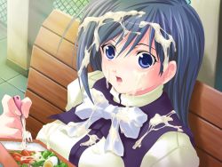 1girl blue_eyes blue_hair bukkake character_request copyright_request cum cum_on_food cum_on_hair facial food fork game_cg looking_at_viewer matching_hair/eyes rice sausage solo surprised rating:Explicit score:56 user:RenaChan