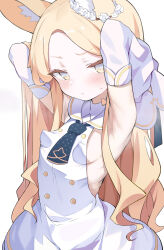  1girl absurdres animal_ears armpits arms_behind_head arms_up backless_dress backless_outfit bare_shoulders blonde_hair blue_archive blush breasts buttons detached_sleeves double-breasted dress forehead highres long_hair long_sleeves looking_at_viewer necktie parted_bangs pointy_breasts sailor_collar seia_(blue_archive) shimejinameko shirt sideboob sidelocks small_breasts solo white_background white_dress white_sailor_collar yellow_eyes 
