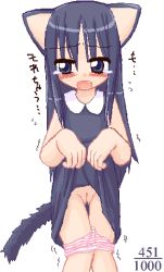 1girl animal_ears blue_eyes blue_hair blush cat_ears cat_tail cleft_of_venus clothes_lift dress dress_lift fang ikkyuu loli lowres matching_hair/eyes oekaki panties panty_pull pink_panties pussy simple_background solo source_request striped_clothes striped_panties sweat tail tears thigh_gap translation_request uncensored underwear rating:Explicit score:14 user:Tom23