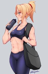 1girl abs absurdres braid fate/grand_order fate_(series) french_braid from_side grey_background highres mordred_(fate) mordred_(fate/apocrypha) muscular muscular_female pants simple_background solo sports_bra sweat workout_clothes yoga_pants zealyush rating:Sensitive score:82 user:Malla2