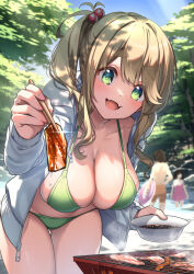  1boy 2girls :d bikini breasts brown_hair chopsticks cleavage collarbone commentary_request cooking dappled_sunlight facing_viewer fangs food food_focus gluteal_fold green_bikini green_eyes grill grilling hair_bobbles hair_ornament hair_over_shoulder halterneck hanging_breasts highres holding holding_chopsticks incoming_food inuyama_aoi jacket kuromasu large_breasts looking_at_viewer meat medium_hair multiple_girls open_clothes open_jacket open_mouth outdoors revision river shiny_skin side_ponytail skin_fangs skindentation smile smoke solo_focus string_bikini summer sunlight swimsuit thigh_gap thighs white_jacket yurucamp 