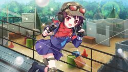 1girl aiming aiming_at_viewer airsoft ammunition_pouch bandou_mikuru barricade baseball_cap bb_pellet black_footwear black_gloves black_socks blonde_hair blue_necktie blue_skirt brick_wall brown_hair brown_hat camouflage camouflage_headwear catwalk_(walkway) crate day dot_nose drum_(container) dual_wielding earmuffs film_grain fingerless_gloves game_cg glock gloves gun handgun hat holding izumi_tsubasu knee_pads lens_flare long_sleeves looking_at_viewer motion_lines multicolored_hair necktie non-web_source official_art open_mouth outdoors pouch rainbow re:stage! red-tinted_eyewear red_eyes running safety_glasses school_uniform shoes short_hair skirt smile socks solo sparkle streaked_hair thigh_strap tinted_eyewear traffic_cone tree two-tone_hair weapon weapon_request